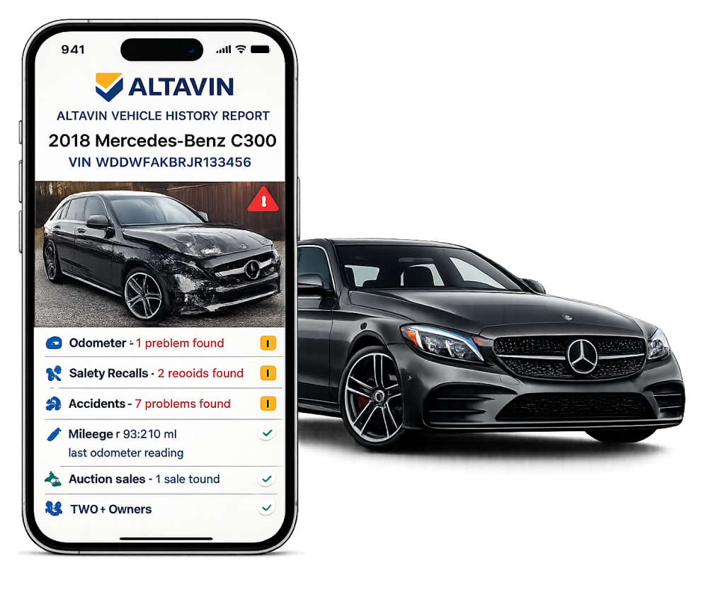 ALTAVIN vehicle history report preview on smartphone with car
